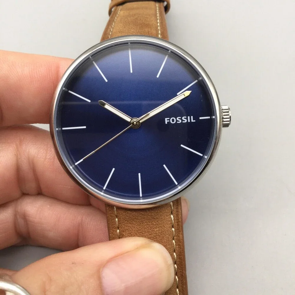Fossil BQ2435 Mens Watch 42mm Blue Dial Brown Leather Minimalist New Battery